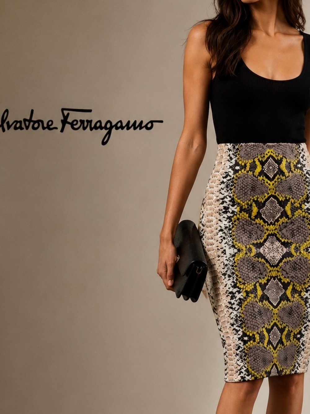 Salvatore Ferragamo Python Print Knit Pencil Skirt Lime Yellow Gray Snakeskin XS